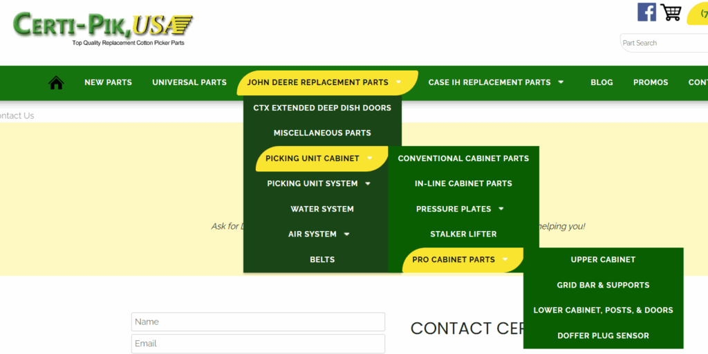 Screenshot of Certi-Pik website menu dropdowns for each cotton picker part system assemblies